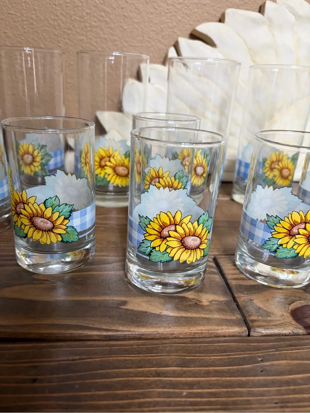 Corelle Vintage Sunflower Blue Plaid Print Drinking Glasses lot of 10!
